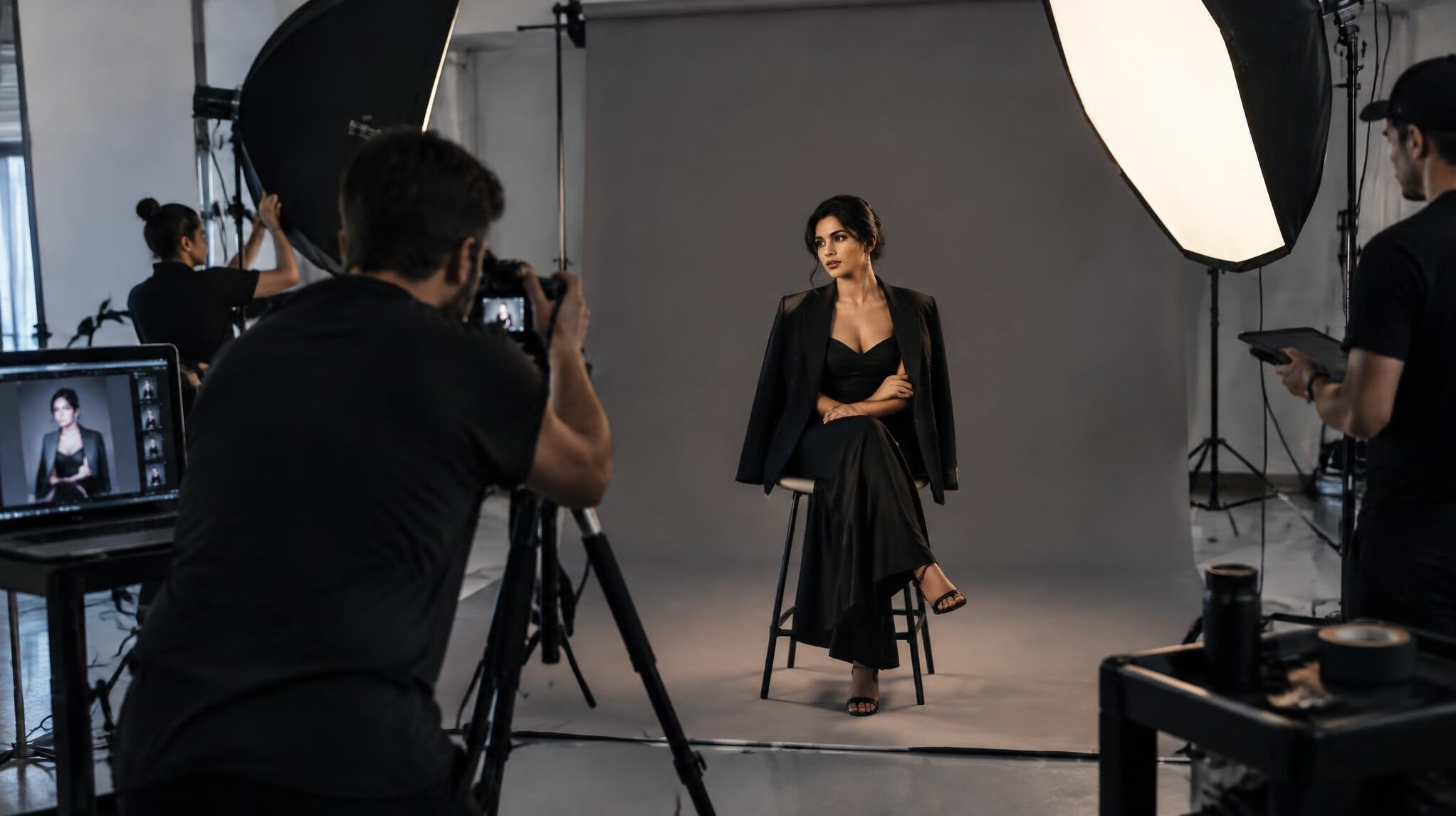 Professional photo studio setup with camera and softbox lighting