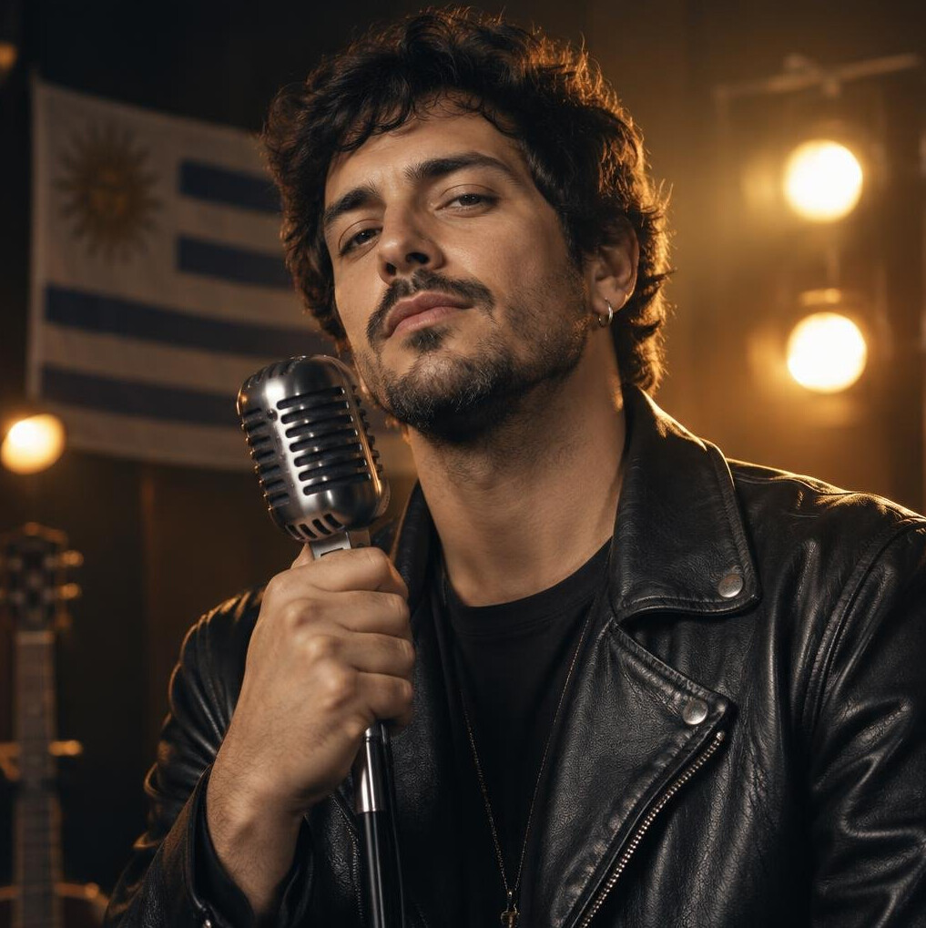 Uruguayan musician man posing with a microphone under stage light