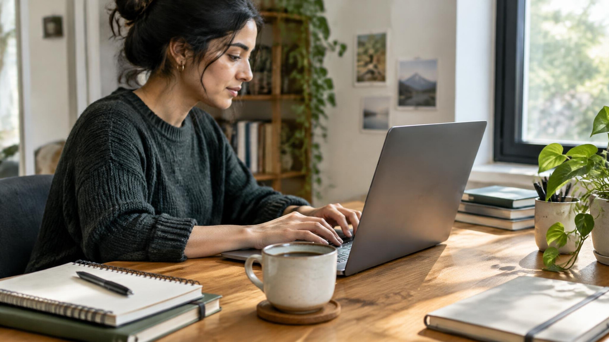 Writer typing content on a laptop with notes and coffee on the desk