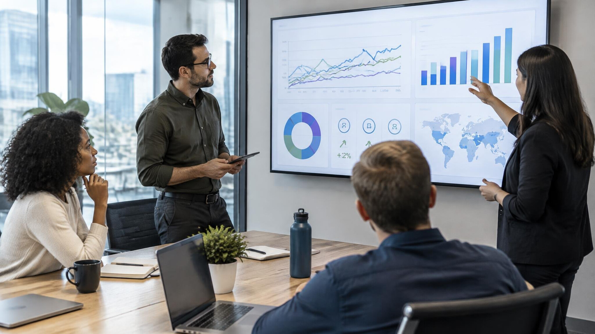 Marketing team reviewing advertising campaign charts on a screen