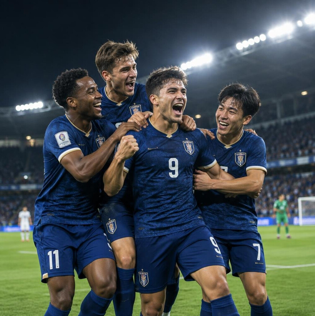 Football players celebrating a goal on the pitch under stadium lights